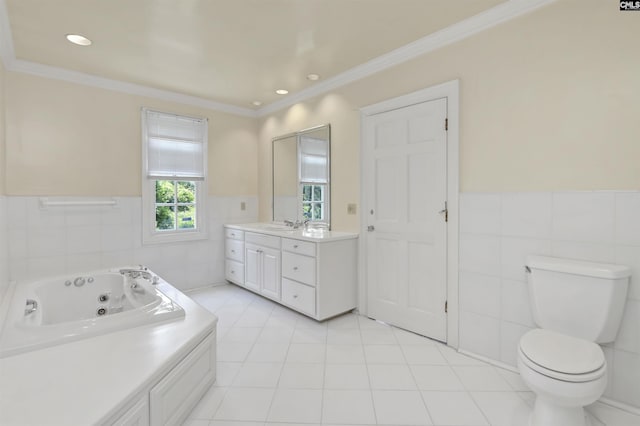 723 Hampton Hill Rd, Columbia, SC 29209 - bathroom featuring tile walls, vanity, a tub with jets, tile patterned flooring, and wainscoting