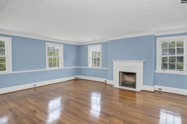 723 Hampton Hill Rd, Columbia, SC 29209 - unfurnished living room with a fireplace with flush hearth, crown molding, wood finished floors, and baseboards