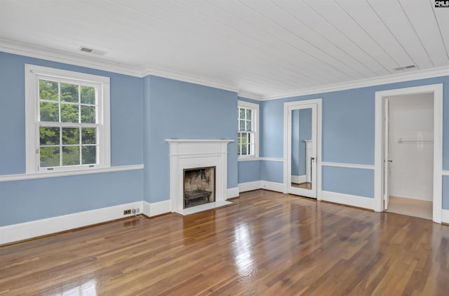 723 Hampton Hill Rd, Columbia, SC 29209 - unfurnished living room with crown molding, a fireplace with flush hearth, wood finished floors, and baseboards