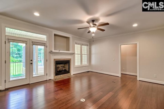 120 Mclaw Ln, Gilbert, SC 29054 - unfurnished living room featuring a ceiling fan, wood finished floors, baseboards, ornamental molding, and a fireplace