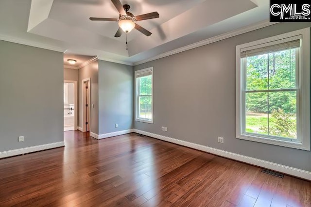 120 Mclaw Ln, Gilbert, SC 29054 - spare room featuring a tray ceiling, a ceiling fan, crown molding, dark wood-style floors, and baseboards