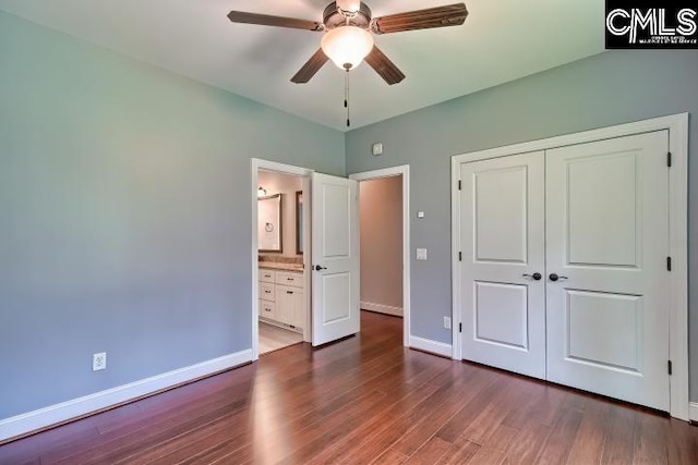 120 Mclaw Ln, Gilbert, SC 29054 - unfurnished bedroom with baseboards, a closet, dark wood-style flooring, and a ceiling fan