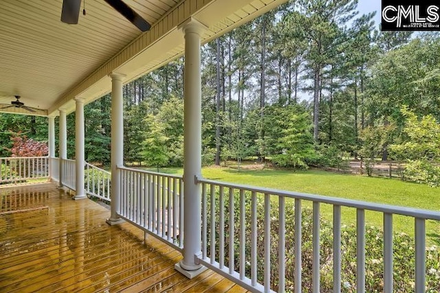 120 Mclaw Ln, Gilbert, SC 29054 - porch with ceiling fan, a yard, and view of wooded area