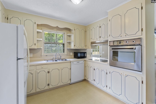 1109 F Ave, Cayce, SC 29033 - kitchen featuring black appliances, open shelves, a textured ceiling, a sink, and under cabinet range hood