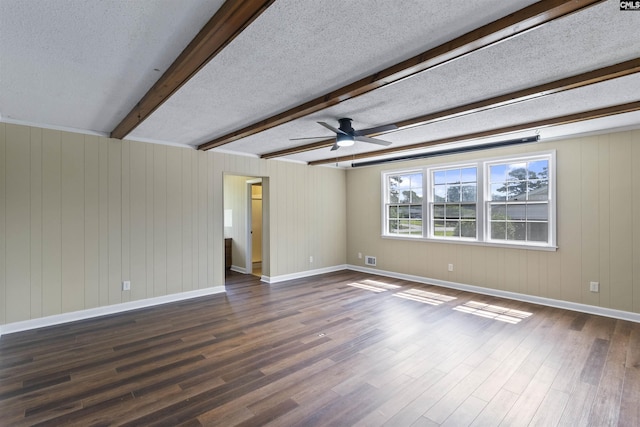 1109 F Ave, Cayce, SC 29033 - empty room featuring ceiling fan, dark wood finished floors, beam ceiling, a textured ceiling, and baseboards