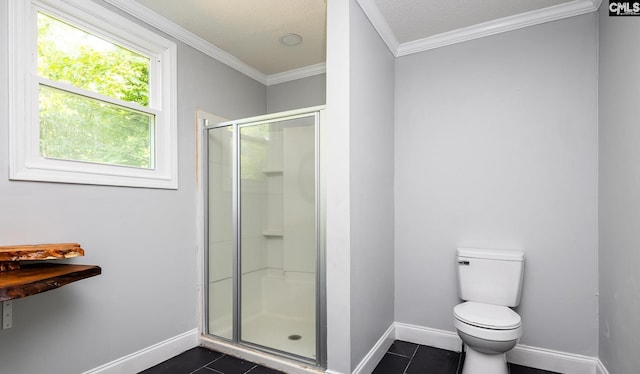 3715 Palmetto Ave, Columbia, SC 29203 - bathroom featuring baseboards, tile patterned flooring, a stall shower, toilet, and crown molding