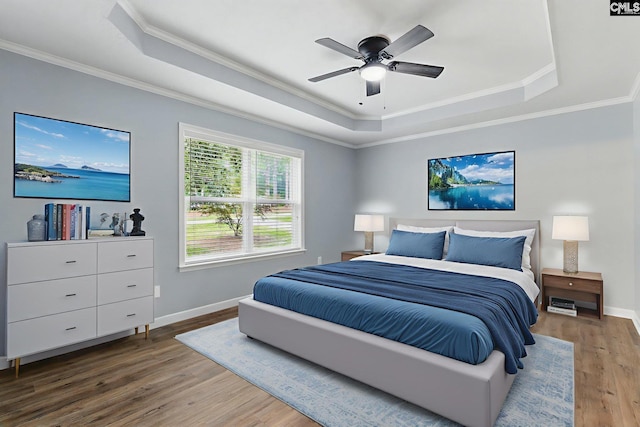 1149 Pond Branch Rd, Gilbert, SC 29054 - bedroom with a tray ceiling, ornamental molding, wood finished floors, baseboards, and ceiling fan