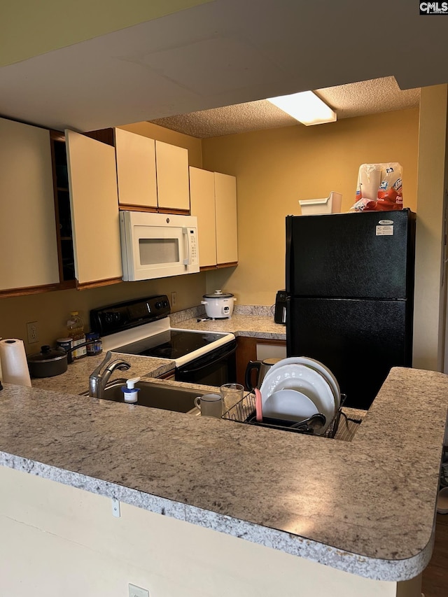 1600 Park Cir Unit 802, Columbia, SC 29201 - kitchen with white microwave, electric range, freestanding refrigerator, light countertops, and a sink