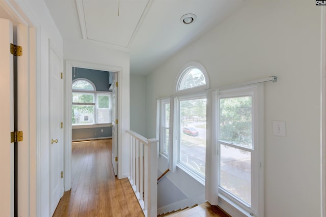 920 Woodrow St Unit 1, Columbia, SC 29205 - hall featuring an upstairs landing, plenty of natural light, light wood-style flooring, and attic access