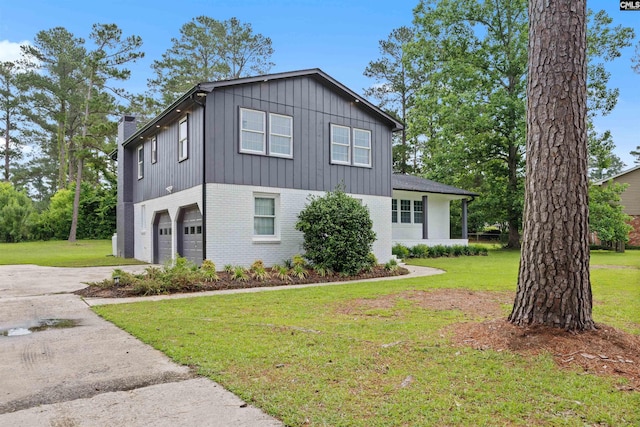 107 Fifeshire Dr, Columbia, SC 29212 - view of side of property featuring an attached garage, brick siding, concrete driveway, a lawn, and board and batten siding