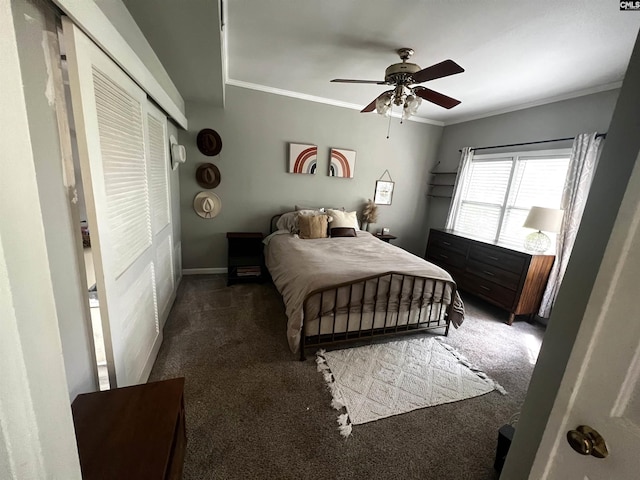 1850 Atlantic Dr, Columbia, SC 29210 - carpeted bedroom featuring ornamental molding, a closet, and a ceiling fan