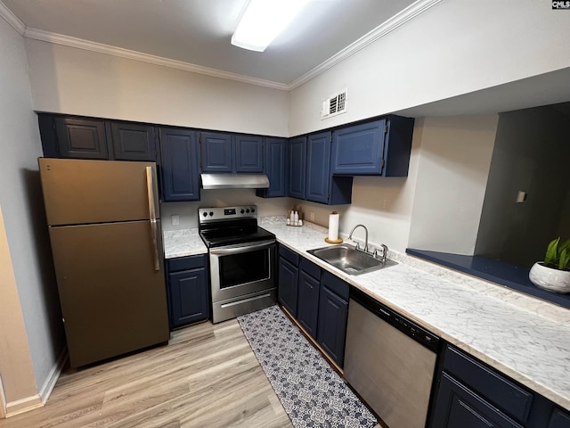 1850 Atlantic Dr, Columbia, SC 29210 - kitchen featuring appliances with stainless steel finishes, a sink, under cabinet range hood, ornamental molding, and blue cabinetry