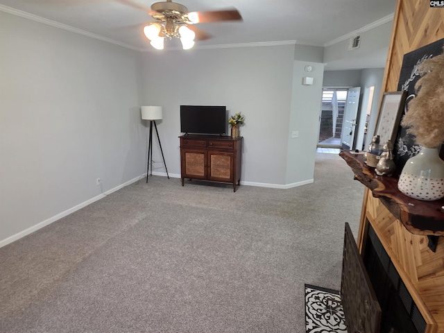 1850 Atlantic Dr, Columbia, SC 29210 - carpeted living room featuring a ceiling fan, ornamental molding, and baseboards
