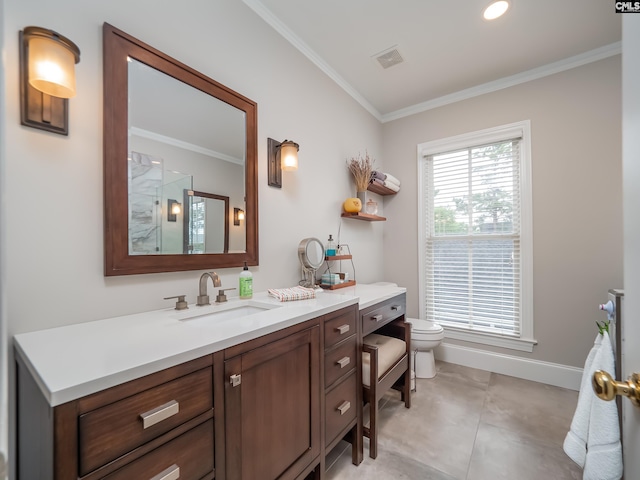 321 Lake Carolina Blvd, Columbia, SC 29229 - bathroom featuring toilet, vanity, ornamental molding, a shower, and baseboards