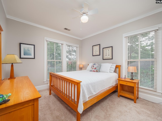 321 Lake Carolina Blvd, Columbia, SC 29229 - bedroom with light colored carpet, ornamental molding, baseboards, and ceiling fan