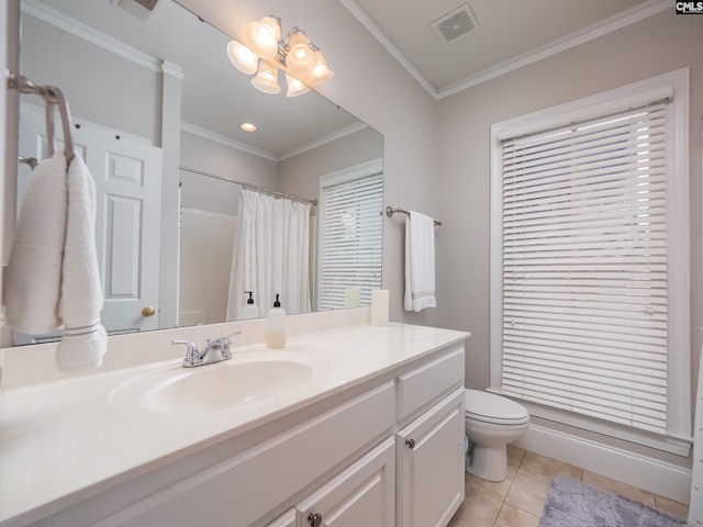321 Lake Carolina Blvd, Columbia, SC 29229 - full bathroom featuring vanity, toilet, tile patterned flooring, ornamental molding, and curtained shower