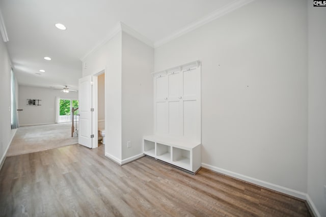 514 Red Taffy Way, Lexington, SC 29073 - mudroom featuring ornamental molding, wood finished floors, recessed lighting, baseboards, and a ceiling fan