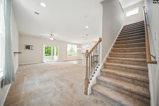 514 Red Taffy Way, Lexington, SC 29073 - stairway with ceiling fan, baseboards, carpet, and recessed lighting