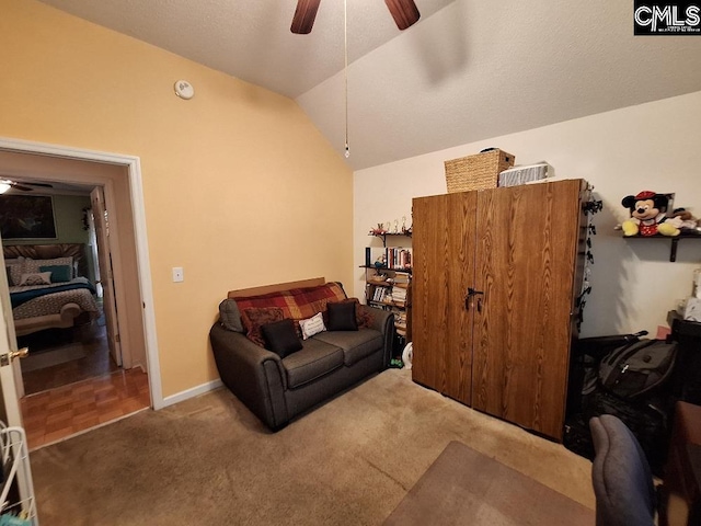 2279TICKLEHIL Tickle Hill Rd, Camden, SC 29020 - sitting room featuring ceiling fan, lofted ceiling, and carpet flooring