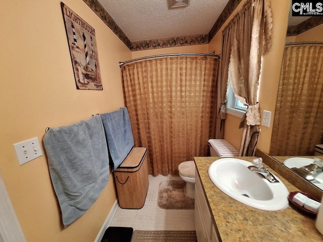 2279TICKLEHIL Tickle Hill Rd, Camden, SC 29020 - bathroom with vanity, toilet, a textured ceiling, and a shower with curtain