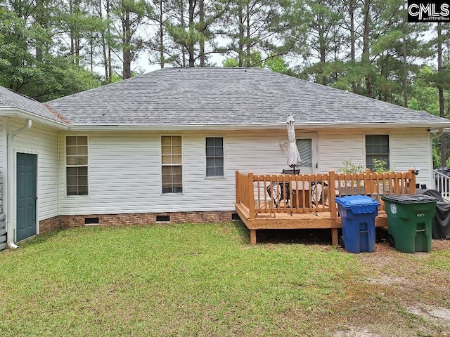 2279TICKLEHIL Tickle Hill Rd, Camden, SC 29020 - back of property with crawl space, roof with shingles, a wooden deck, and a yard