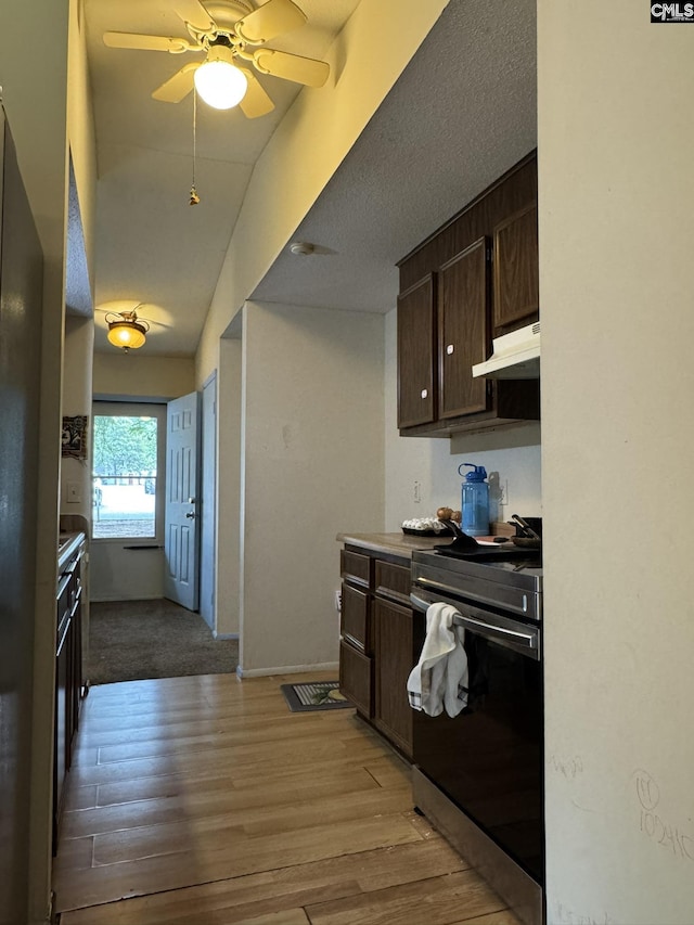 21 Forestgate Ct, Columbia, SC 29212 - kitchen featuring electric stove, under cabinet range hood, dark brown cabinets, light wood finished floors, and vaulted ceiling