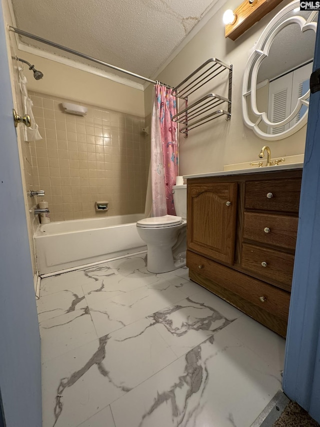 21 Forestgate Ct, Columbia, SC 29212 - bathroom with toilet, shower / tub combo with curtain, marble look tile flooring, vanity, and a textured ceiling