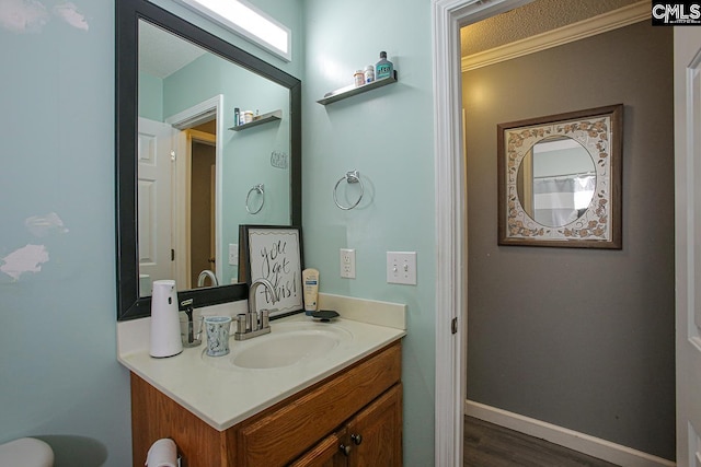 173 Rosewood Ln, Lexington, SC 29072 - bathroom with vanity, ornamental molding, wood finished floors, and baseboards