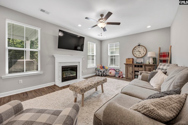 556 Harbour Pointe Dr, Columbia, SC 29229 - living room with a premium fireplace, ceiling fan, wood finished floors, baseboards, and recessed lighting