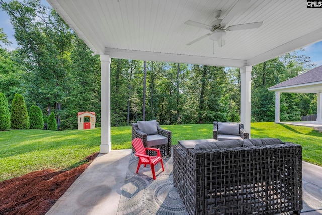 556 Harbour Pointe Dr, Columbia, SC 29229 - view of patio featuring an outdoor living space, ceiling fan, and an outbuilding