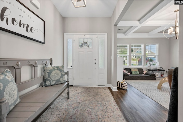 556 Harbour Pointe Dr, Columbia, SC 29229 - foyer featuring wood finished floors, coffered ceiling, beam ceiling, baseboards, and a chandelier