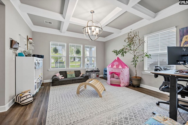 556 Harbour Pointe Dr, Columbia, SC 29229 - game room with baseboards, a desk, wood finished floors, coffered ceiling, and a chandelier