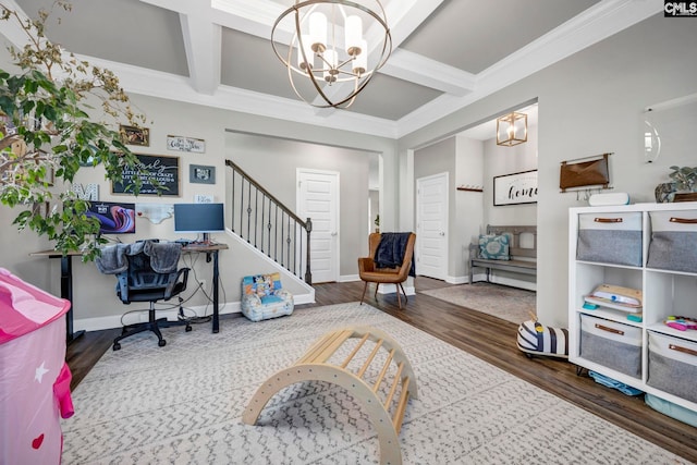 556 Harbour Pointe Dr, Columbia, SC 29229 - home office featuring a chandelier, wood finished floors, coffered ceiling, crown molding, and beam ceiling
