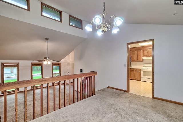 519 Cockspur Rd, Irmo, SC 29063 - corridor with light colored carpet, baseboards, a chandelier, and high vaulted ceiling