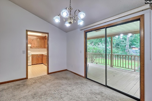 519 Cockspur Rd, Irmo, SC 29063 - empty room with light carpet, a chandelier, baseboards, and lofted ceiling