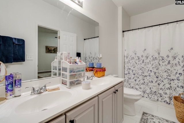 19 Yearling Ct, Irmo, SC 29063 - bathroom with double vanity, toilet, tile patterned floors, and curtained shower