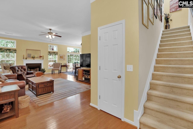 121 Stonemont Dr, Irmo, SC 29063 - living area featuring light wood finished floors, a ceiling fan, a fireplace, stairs, and baseboards