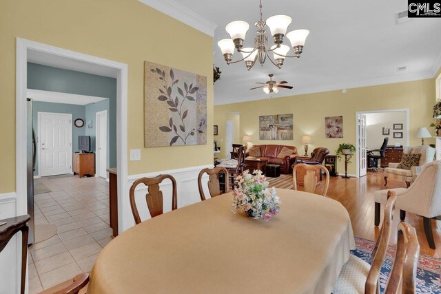 121 Stonemont Dr, Irmo, SC 29063 - dining room with a ceiling fan, a chandelier, ornamental molding, wainscoting, and light tile patterned floors