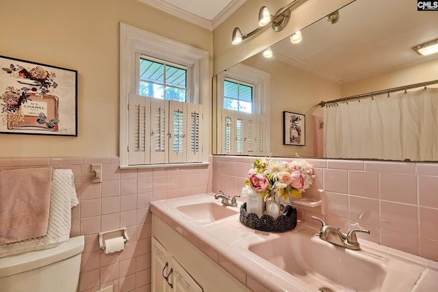 1108 Tarrytown Ln, West Columbia, SC 29170 - full bathroom with toilet, crown molding, double vanity, and tile walls