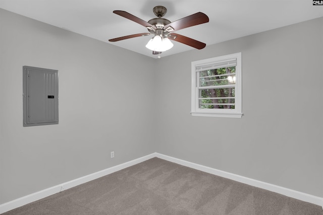 2136 Windale Dr, Columbia, SC 29223 - empty room with electric panel, carpet flooring, baseboards, and ceiling fan