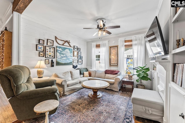 2909 Columbia Ave, Columbia, SC 29201 - living room with a ceiling fan, ornamental molding, and wood finished floors