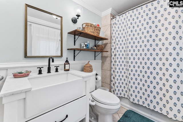 2909 Columbia Ave, Columbia, SC 29201 - full bath with toilet, vanity, crown molding, a shower with shower curtain, and tile patterned flooring