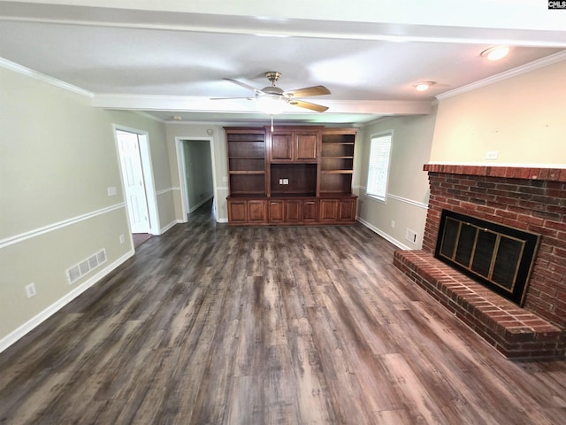 804 Dogwood St, Cayce, SC 29033 - unfurnished living room featuring ornamental molding, a ceiling fan, a fireplace, dark wood-style flooring, and baseboards