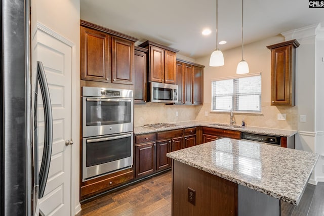 757 Garrett Way, Columbia, SC 29229 - kitchen with stainless steel appliances, a sink, dark wood finished floors, recessed lighting, and decorative backsplash