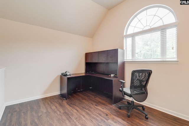 757 Garrett Way, Columbia, SC 29229 - office area featuring dark wood-style floors, vaulted ceiling, and baseboards