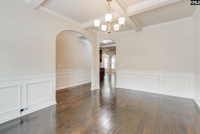 757 Garrett Way, Columbia, SC 29229 - spare room featuring arched walkways, beam ceiling, a chandelier, coffered ceiling, and dark wood finished floors