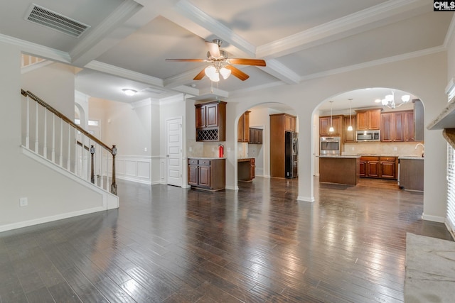 757 Garrett Way, Columbia, SC 29229 - unfurnished living room with arched walkways, ceiling fan, beam ceiling, crown molding, and coffered ceiling