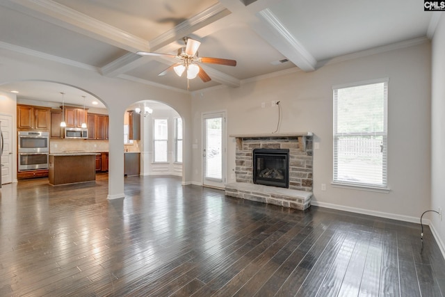 757 Garrett Way, Columbia, SC 29229 - unfurnished living room with arched walkways, beam ceiling, ceiling fan, healthy amount of natural light, and coffered ceiling