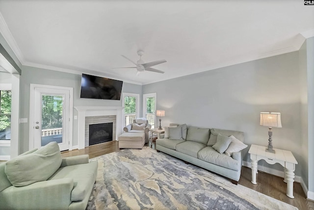 315 Poindexter Ln, Lexington, SC 29072 - living area with wood finished floors, ceiling fan, ornamental molding, baseboards, and a fireplace