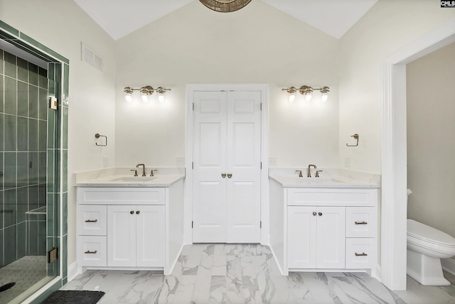 315 Poindexter Ln, Lexington, SC 29072 - full bath featuring two vanities, marble finish flooring, vaulted ceiling, and a shower stall